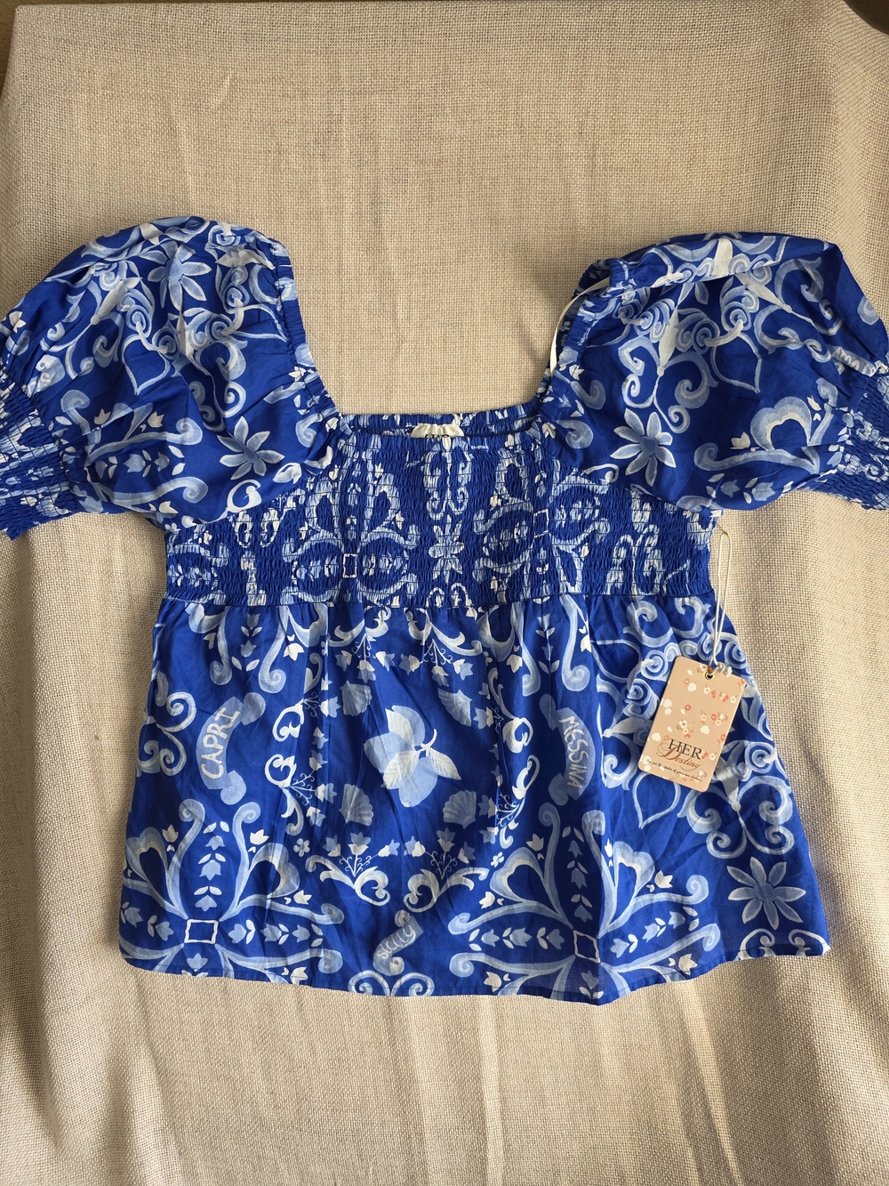 Her Destiny Blue White Floral Smocked Square-Neck Peasant Babydoll-style Medium